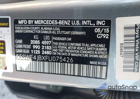 2015 Mercedes-Benz C 300 from USA, damaged, VIN 55SWF4JBXFU075426